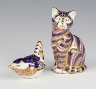 A Royal Crown Derby Imari pattern paperweight of a seated cat with silver stopper 13cm, a ditto of a bird silver stopper 8cm 