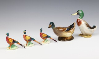 Three Beswick pheasants 10cm, Royal Doulton duck HN229 11cm and a ditto Drake Mallard HN2555 10cm  