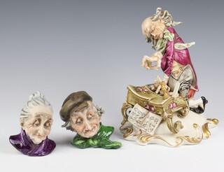 A Capodimonte figure of a piano player 20cm, a pair of ditto caricature busts of a lady and gentleman 8cm 