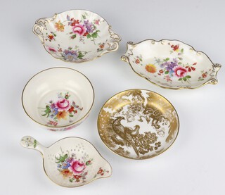 A Royal Crown Derby  posies tea strainer and bowl, 2 dishes and a gilt decorated dish 