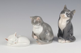 A Royal Copenhagen figure of a sleeping cat 5911 9cm, ditto seated cat holding its tail 1553/ME 10cm and a ditto of a seated cat 1803 14cm 