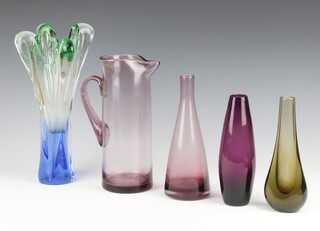 A Studio glass flared neck vase 30cm, a jug 26cm, a vase 24cm ditto 20cm and another 20cm  