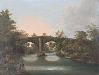 In the manner of Horace Billlington, oil on canvas  unsigned, a fisherman beside a river and a fisherman on a bridge 48cm x 63cm 