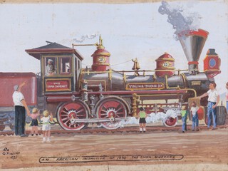 G Sinclair 1970, watercolour signed, an American locomotive of 1880 - The Emma Sweeney with figures before it, 32cm x 49cm 