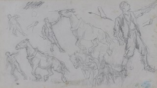 Nathaniel Hughes John Baird (British 1865-1936) pencil study unsigned, horses and labourers, label on verso 24cm x 43cm 