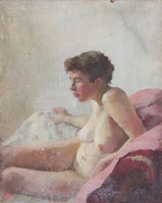 Oil on canvas unframed, study of a seated naked lady, inscribed on verso STJ Goodwin Walker, 50cm x 40cm 