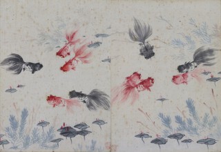 20th Century Japanese watercolours on silk, a pair, carp amongst lily leaves 43cm x 31cm 