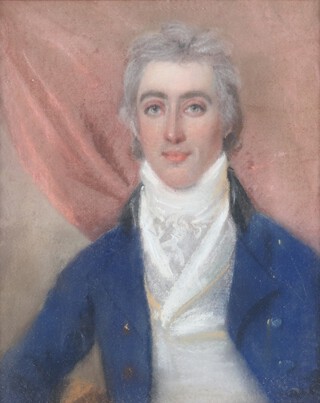 An early 19th Century pastel portrait of a gentleman in a blue velvet jacket unsigned, 23cm x 20cm 