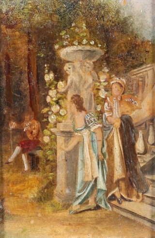 19th Century oil on panel, fete gallant garden scene with figures beside a garden statue 11cm x 8cm 