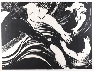 Tsugumi Ota, born 1951, a Japanese wood block artists proof print, dated '90, "Flood Rescue" 92cm x 122cm 