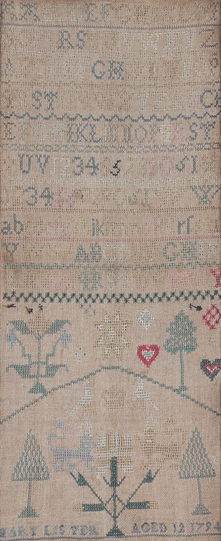 18th Century sampler with alphabet, verse, trees, hearts and stars Mary Lister aged 12, 1794, 43cm x 17.5cm (see lot 806)