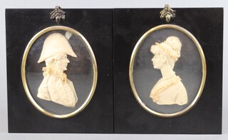 Lesley Ray, a pair of wax silhouettes, portraits of an 18th Century lady and gentleman, oval, 12cm x 9.5cm contained in ebonised gilt metal mounted frames