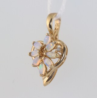 A 9ct yellow gold opal and diamond heart shaped pendant, the opals approx. 0.08ct, the single diamond 0.01ct, 1.5 grams, 23mm 