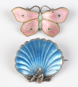 A Bernard Instone sterling silver and guilloche enamel brooch in the form of an imp sitting in a shell 25mm and an enamel brooch of a butterfly 30mm 