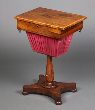 A William IV rectangular rosewood work table with waisted bucket to the centre, raised on a turned column and triform base with bun feet 73cm h x 51cm w x 38cm d  