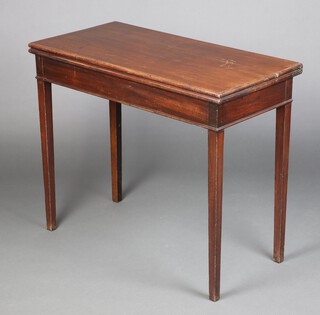 A 19th Century rectangular mahogany tea table, raised on square tapered supports 76cm h x 91cm w x 46cm d 