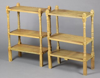 A pair of 19th Century William Morris style rectangular pine 3 tier what-nots, raised on turned supports 84cm h x 57cm w x 29cm d 