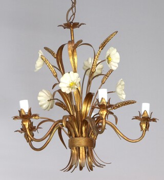 Hans Kogl, a Wheat Sheaf 5 light Hollywood Regency style gilt chandelier decorated ears of corn and flowers 48cm x 48cm 