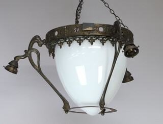 An Art Nouveau style 3 light pierced metal electrolier with opaque glass shade 37cm x 43cm 