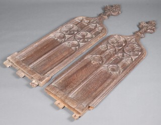 A pair of Victorian Gothic carved oak pew ends  160cm h  x 46cm 2 