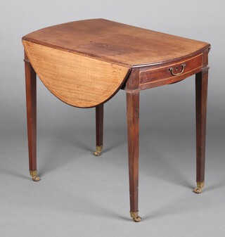 A Georgian inlaid mahogany oval Pembroke table fitted a drawer, raised on square tapered supports 67cm h x 76cm w x 46cm d 