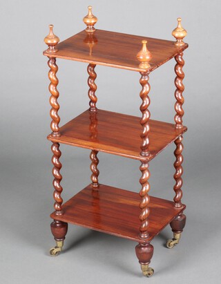 A Victorian rectangular rosewood 3 tier what-not with spiral turned columns to the side 79cm h x 37cm w x 28cm d 