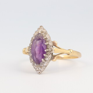 An 18ct yellow gold amethyst and diamond 0.14ct dress ring, the amethyst approx. 1ct, 3.1 grams, size M 