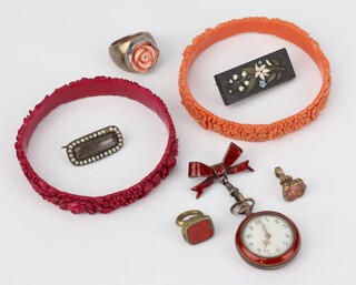 A lady's Edwardian enamelled fob watch and bow pin together with minor vintage jewellery 