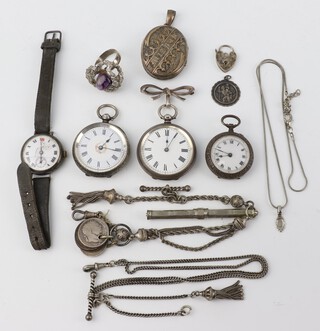 A lady's silver Albert, items of silver jewellery and 3 fob watches 