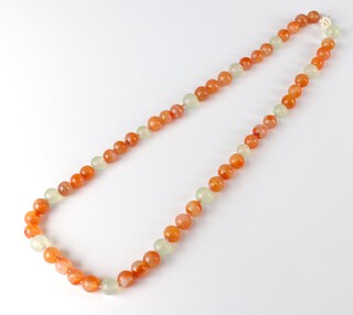 A Chinese 14ct agate and hardstone bead necklace, 65cm with 14ct gold clasp