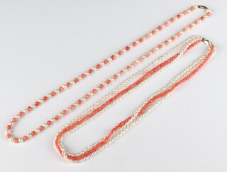 A cultured pearl and coral bead necklace, 58cm, a 2 string cultured pearl and coral necklace 42cm 