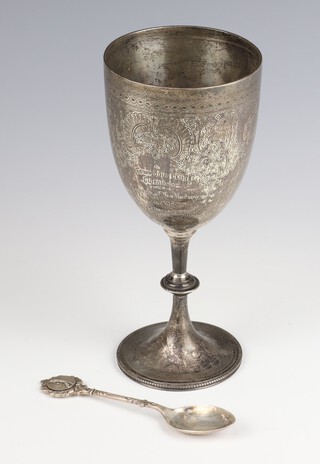 A Victorian silver presentation goblet, London 1894, 19cm, together with a silver spoon, 188 grams 