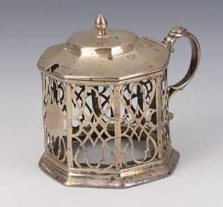 A Victorian silver octagonal pierced mustard with S scroll handle, London 1855, 110 grams 