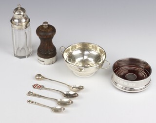 A silver 2 handled bowl Birmingham 1916, 4 spoons, 106 grams, a silver mounted coaster, pepper and condiment bottle 