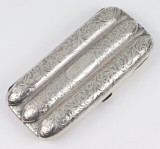 A Victorian silver 3 section torpedo cigar case engraved with scrolls and inscription, Birmingham 1896, maker George Gloster gross weight 124 grams  