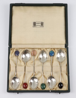 A set of 6 silver Liberty & Co Ltd coffee spoons with hardstone coffee bean ends, Birmingham 1936, in original case 