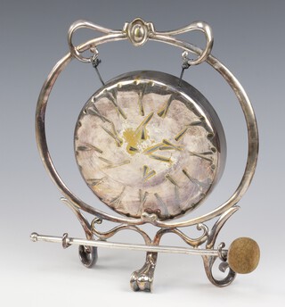 An Art Nouveau silver plated gong on circular stand with beater