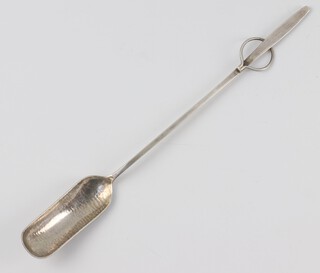 A stylish Arts and Crafts style silver spoon with ring handle London 1982, 34 grams 