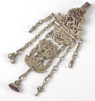 A Dutch cast silver chatelaine decorated with figures with attached seals and watch key, import marks London 1857 94 grams 16cm 