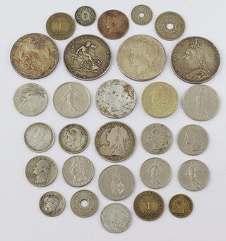 A collection of pre-1947 coins including a George III crown 1819, a Victorian ditto 1889, half crown, sixpences etc, 150 grams 