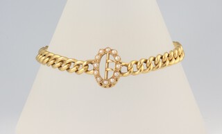 An Edwardian 15ct yellow gold bracelet with faux buckle set with seed pearls 9.2 grams, 18cm 