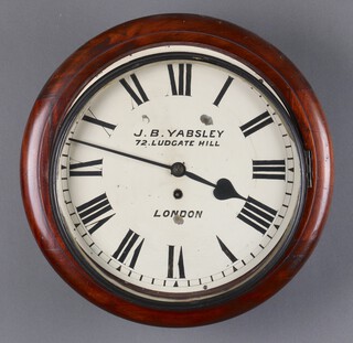 A fusee wall clock with 30cm dial marked J B Yabsley 72 Ludgate Hill London, having a plain 11cm back plate, complete with key 