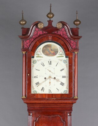 Gibson Alnwick, a 19th Century 8 day longcase clock, the 33cm painted dial decorated a figure of a seated fisher woman and floral spandrels, with subsidiary second hand and calendar hand, contained in an oak case 236cm h, complete with pendulum and weights 