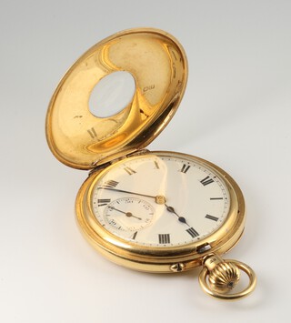 An 18ct yellow gold half hunter pocket watch with blue enamelled Roman numerals, mechanical movement and seconds at 6 o'clock, the movement numbered 385735, Birmingham 1933, 48mm, gross weight 87.3 grams 