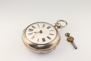 Of local interest. A Victorian silver pair cased, key wind pocket watch  with white enamelled dial, the movement numbered 17490, engraved Jas Reeves, Capel, the case numbered 17490, 58mm, gross weight 171 grams, London 1844 