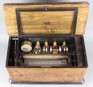 A late 19th Century Swiss cylinder orchestral musical box (likely Bremond circa 1880), comprising 4 polychrome painted Mandarin figures, 3 figures playing a pair of saucer bells and the other shaking a bell tree, together with a separate automata drum (missing three beaters), play and repeat lever, start and stop lever, lever to stop drum, lever to raise bell tree, having a 41.5cm cylinder playing 8 airs.   All contained in a figured walnut, ebonised and inlaid case with glass dust cover and mother of pearl escutcheon, label to base "A Kuss Clock & Watchmakers Newcastle", 30.5cm h x 71cm w x  35cm d