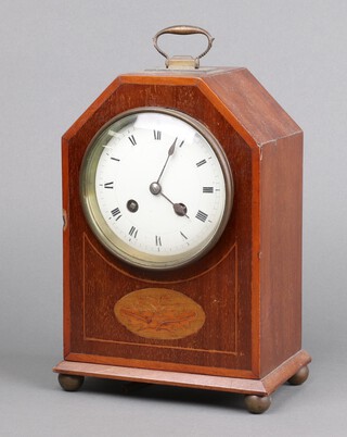 A D Mougin, a French 19th Century 8 day striking mantel clock with 10cm enamelled dial, Roman numerals, the movement marked 53457 CHVCNF contained in an inlaid mahogany case 25cm x 17cm x 11cm, complete with pendulum and key 