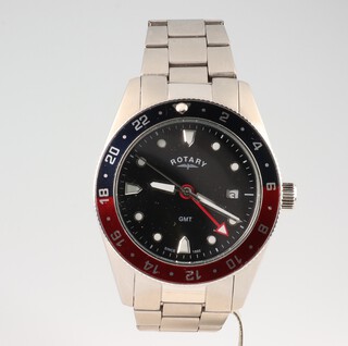 A gentleman's steel cased Rotary GMT wristwatch with black and red rotating bezel on a Tudor bracelet, the case numbered GB00680/04 (16330), contained in a 40mm case 