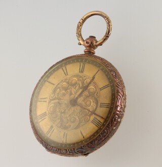 A lady's Edwardian 14ct yellow gold fob watch with engraved dial 40mm, gross weight 46.5 grams