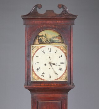 An 18th/19th Century 8 day longcase clock, the 35cm arched dial painted a ploughing scene with gilt fan shaped spandrels, calendar hand and subsidiary second hand, contained in an oak case (possibly reduced in size) 212 cm x 45cm w x 21cm d, complete with pendulum and weights 